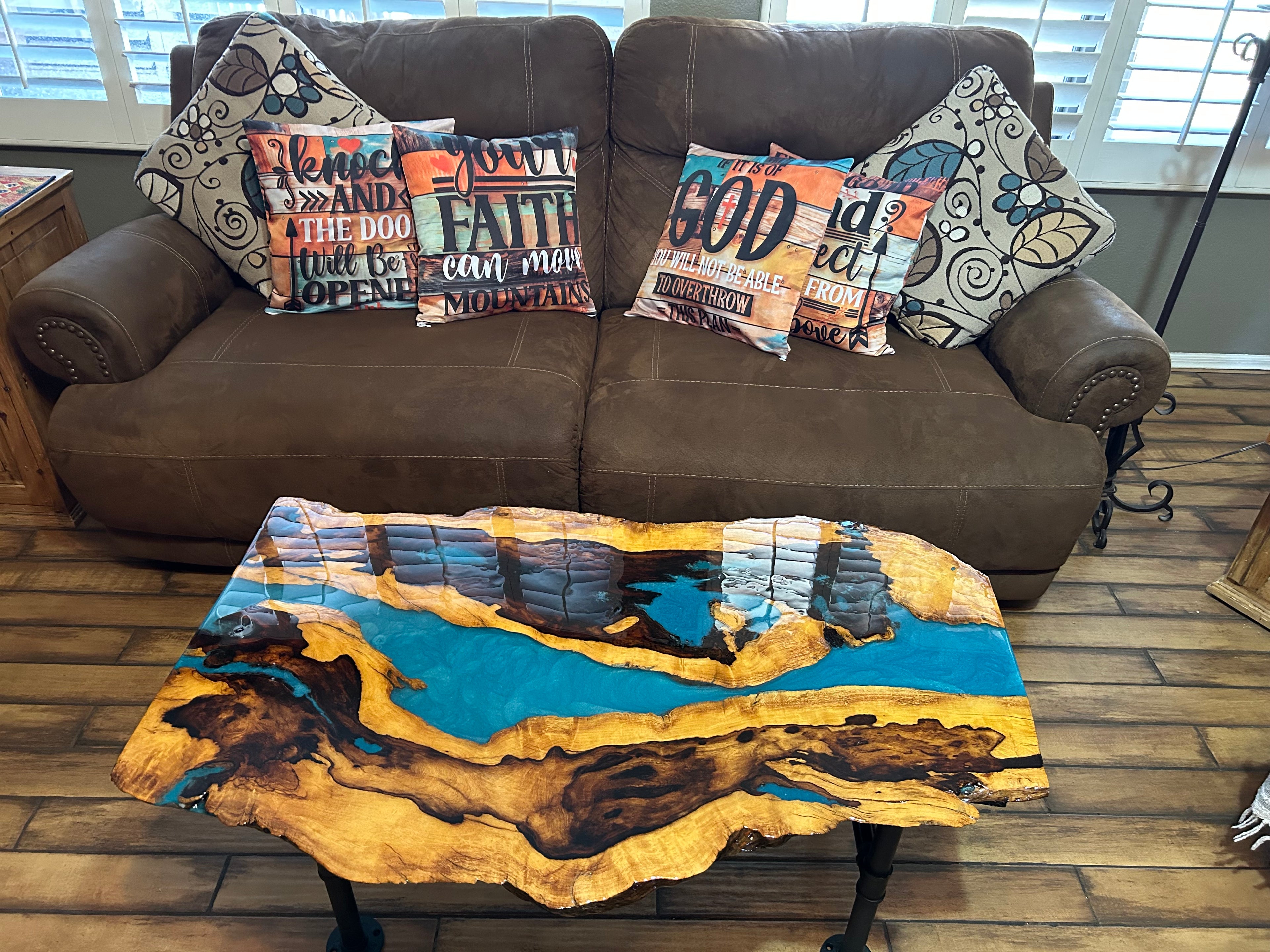 Live Edge Coffee Table. Crafted from Ironwood with turquoise inlay